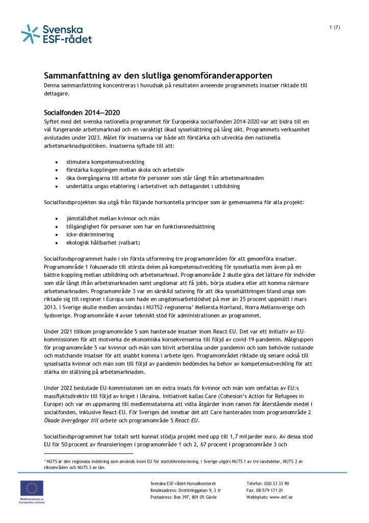 Sammanfattning av slutlig genomföranderapport  programperioden 2014-2020